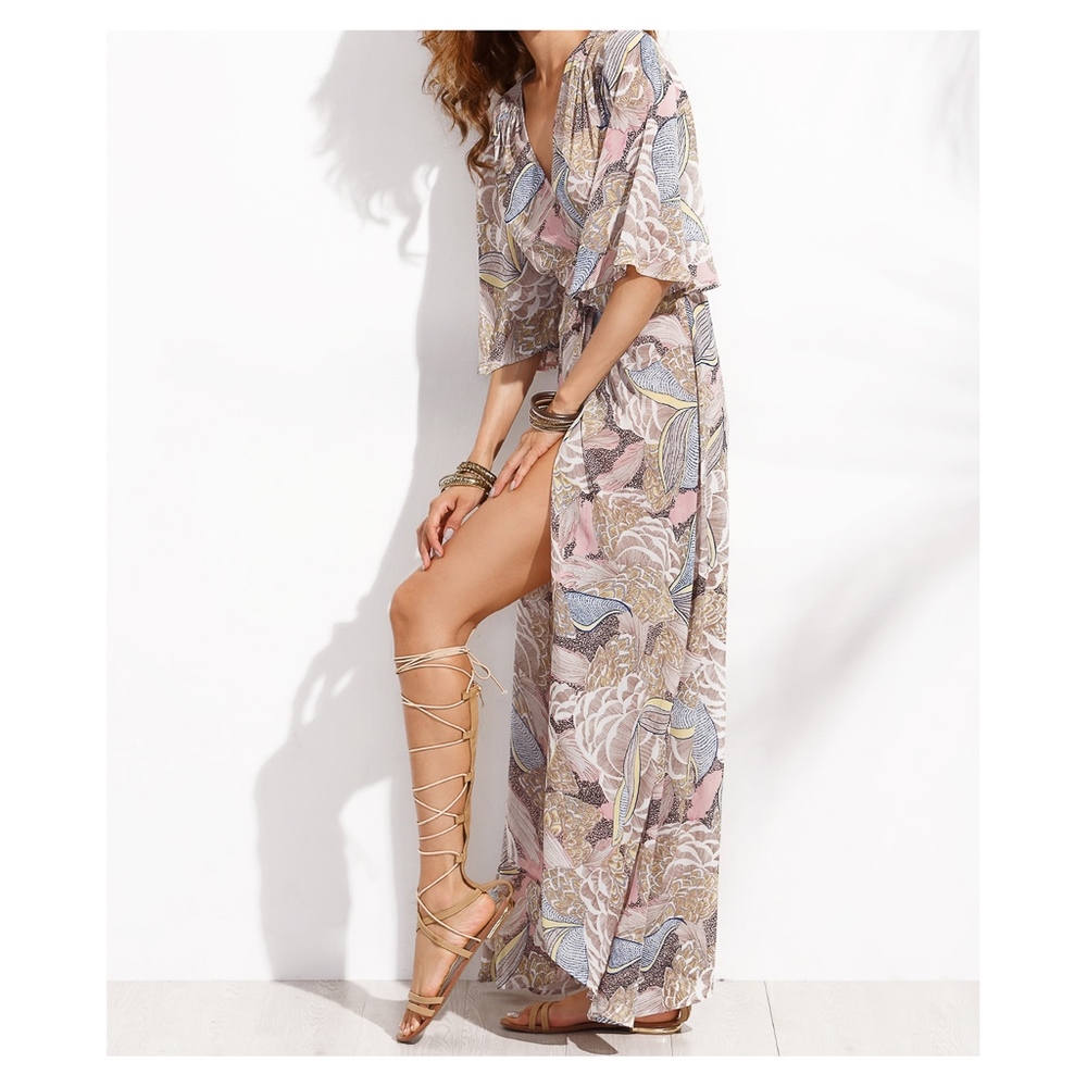 Multicolor Floral 3/4 Sleeve Wrap Maxi Dress - Picture 3 of 8